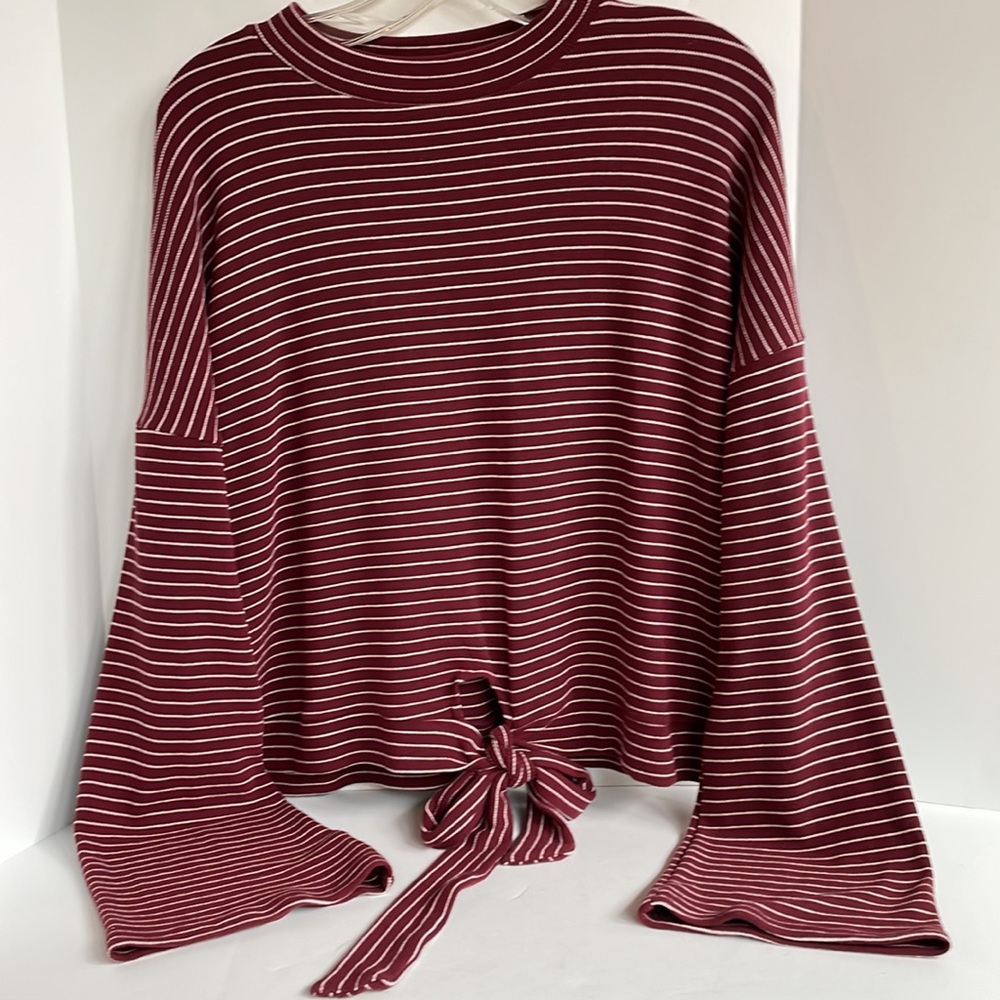 NWT Fika the Brand crewneck bell sleeve tie waist striped ribbed top size large